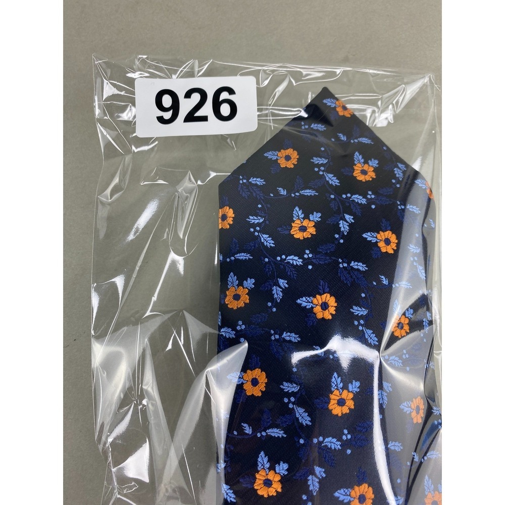 E.J. Samuel Mens Tie Floral Striped Navy Orange Microfiber Formal Long 60x3.5 - Picture 8 of 9